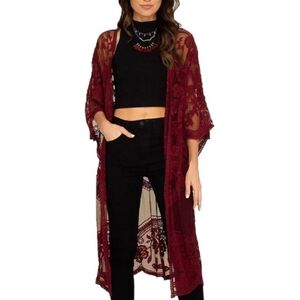 Long Flowy Lace Kimono Cardigan Boho Style Open Cover Ups Red